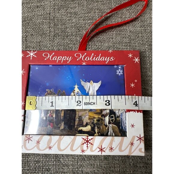 Nativity Scene Christmas Ornament w/ Red Ribbon Photo Frame Happy Holidays - Picture 4 of 6